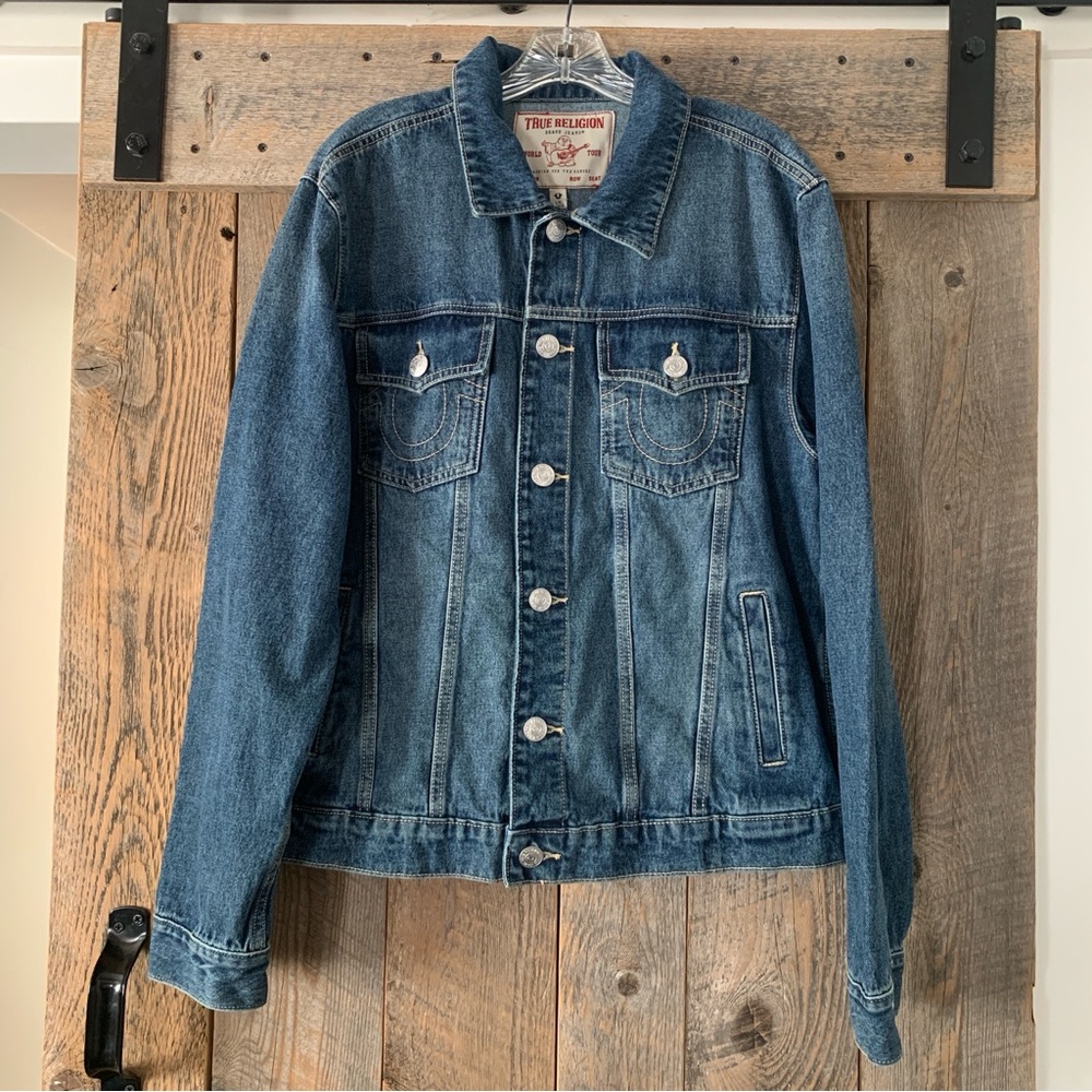 Men’s Large TRUE RELIGION Jesse Denim Trucker Jacket Medium Blizzard Wash NWT